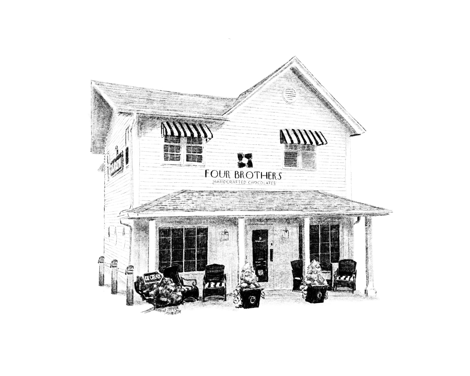 A hand sketch of Four Brothers Chocolates building in Fontana.