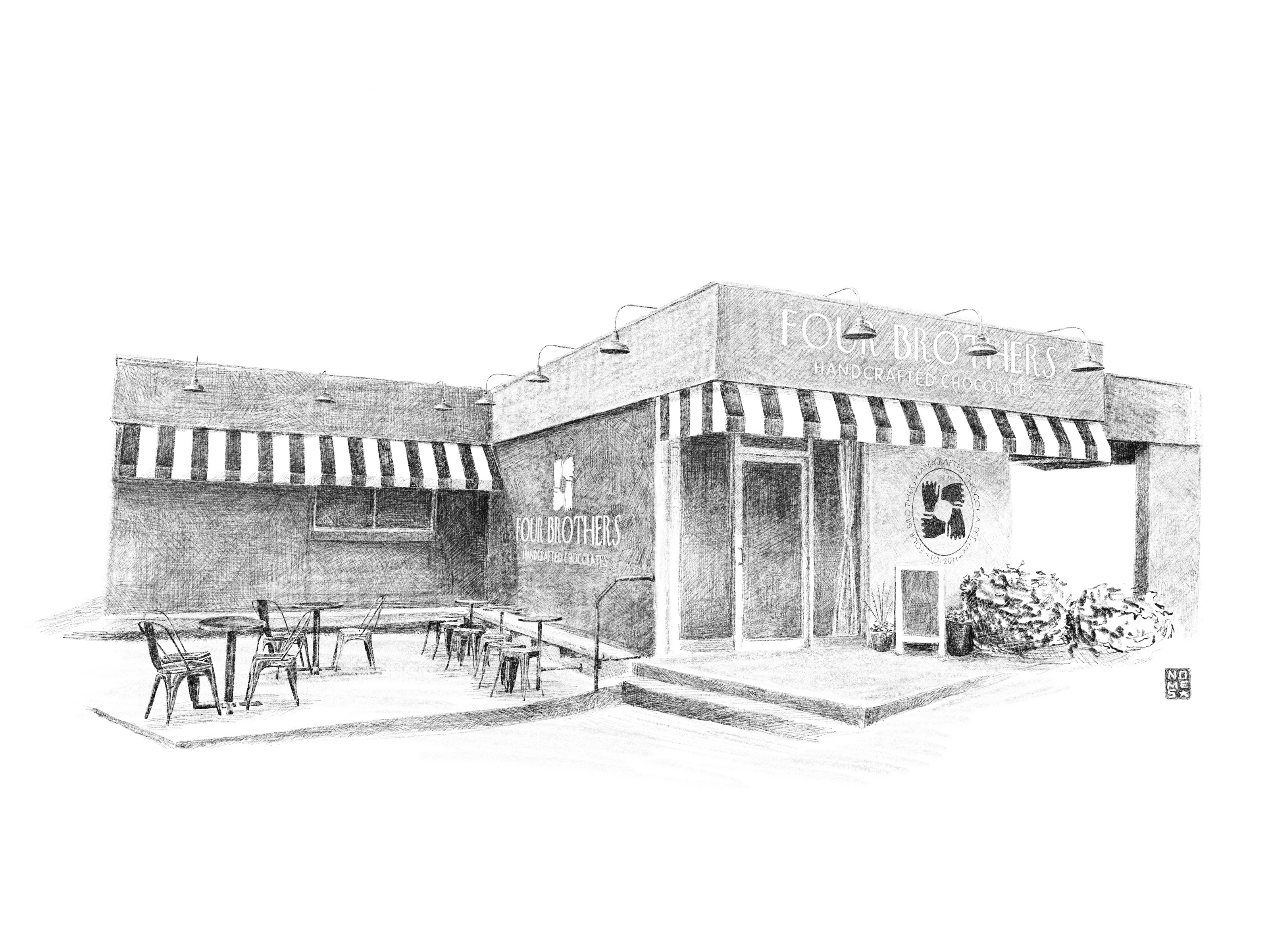 A hand drawn sketch of Four Brothers Chocolates located in Wheaton, IL